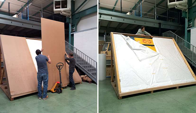 Ouverture de caisse/déballage d’une peinture murale de très grande dimension. Sans Titre, 1999, Guillaume Bottazzi anciennement exposée au Bureau de poste de Lyon Foch 6.