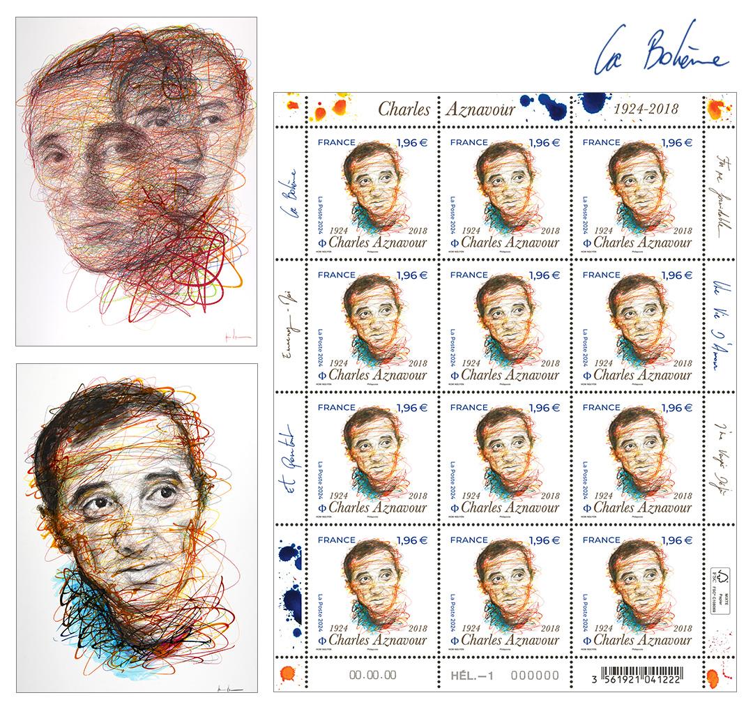 composition avec deux maquettes et la feuille de timbres dessiné par Hom Nguyen