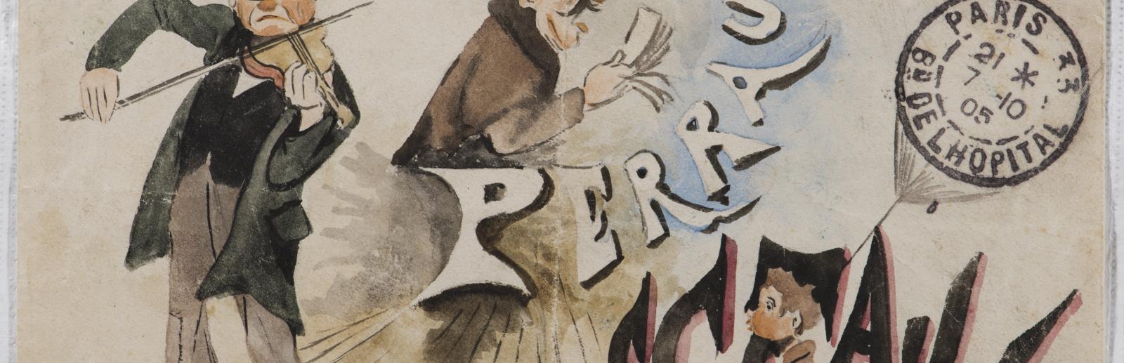 Fréderic Pioche, Enveloppe illustrée et adressée à Alphonse Perrault, gouache et aquarelle, 1905 Fréderic Pioche, Enveloppe illustrée et adressée à Alphonse Perrault, gouache et aquarelle, 1905